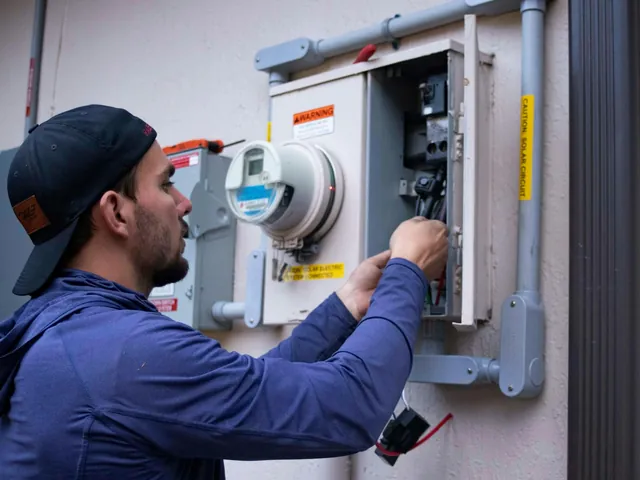 An electrician working inside a meter box