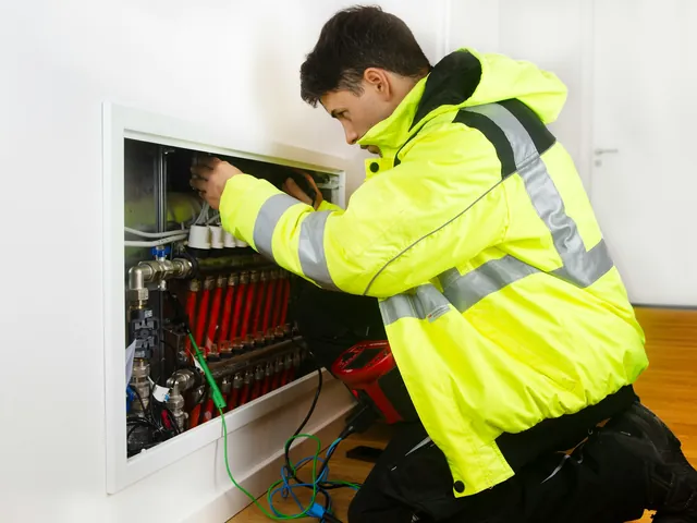 A heating technician working on a manifold